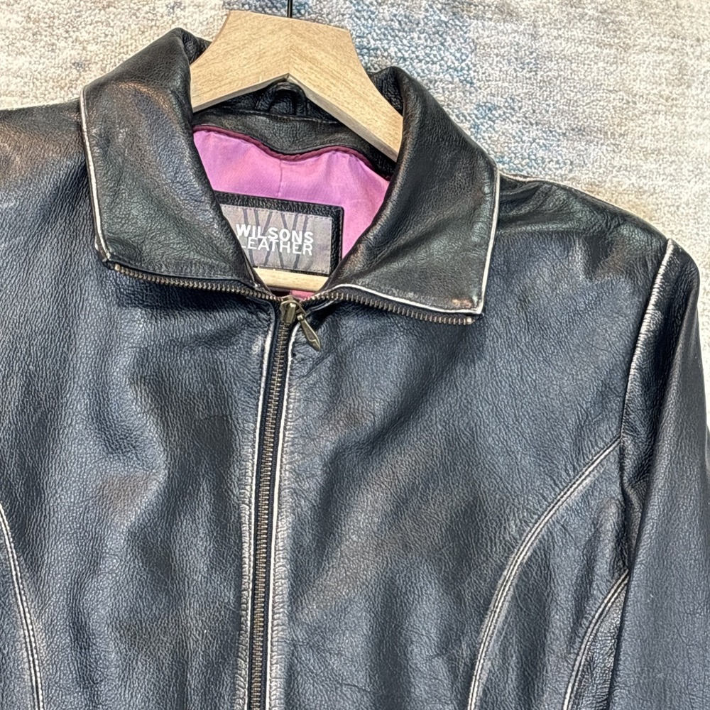 Wilsons Leather Jacket Womens L Black Y2K Runway Grunge Patina Zip‎ Front